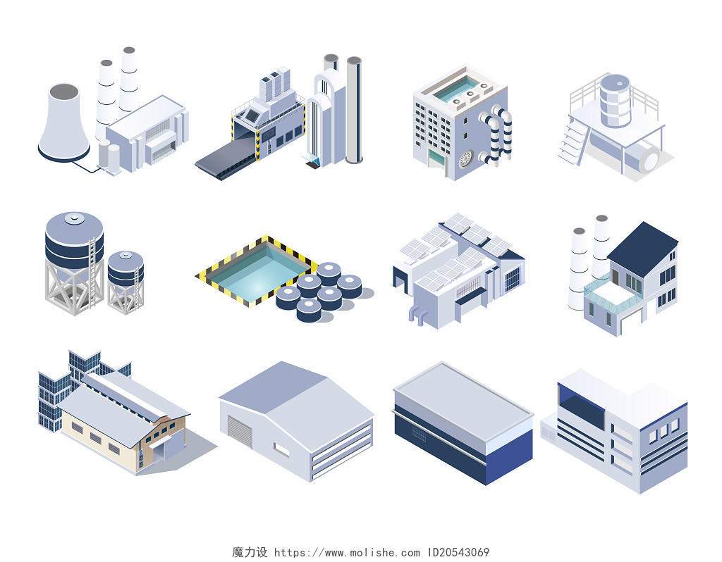 25d建筑房屋工厂风景办公楼组合模型城市厂房工业化PNG素材25D
